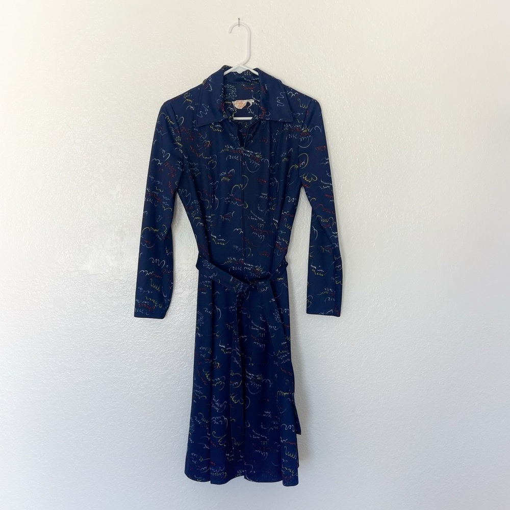 Vintage 70s Navy Blue Printed Dress Scribble Print Secretary Zip Up Fitted 2pc